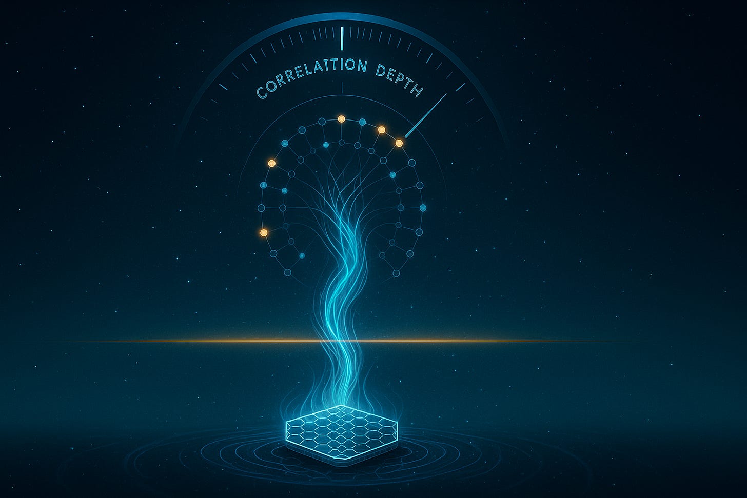 Futuristic scene of a hexagonal honeycomb quantum chip emitting a swirling cyan column of light. A thin gold horizontal line marks the classical bound, while above, a semicircular gauge labelled “Correlation Depth” arcs over a ring of linked nodes with a few glowing, against a star-filled dark-blue background.