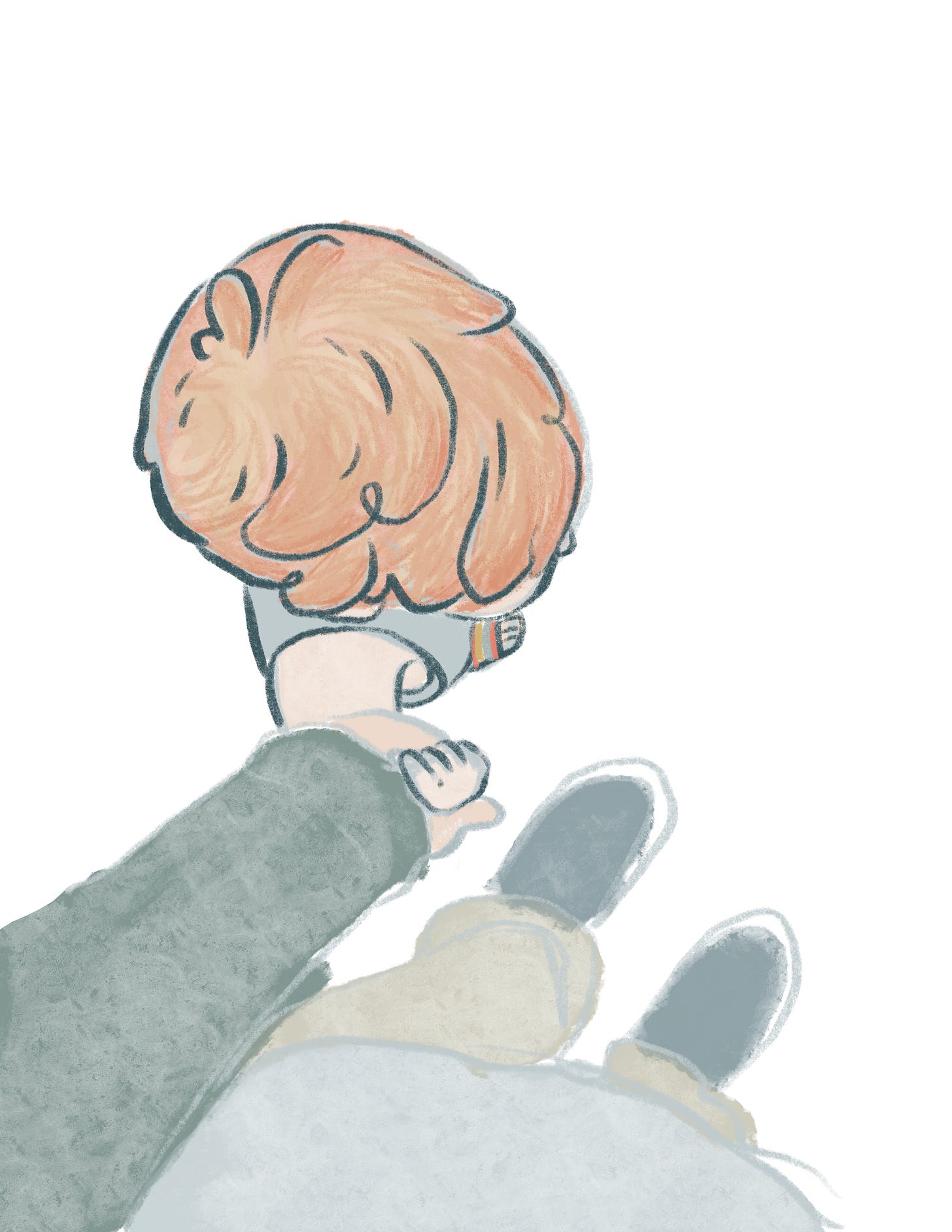 a drawing looking down at a small child who holds a adult's hand. The child looks forward only showing the top of their wavy ginger hair.