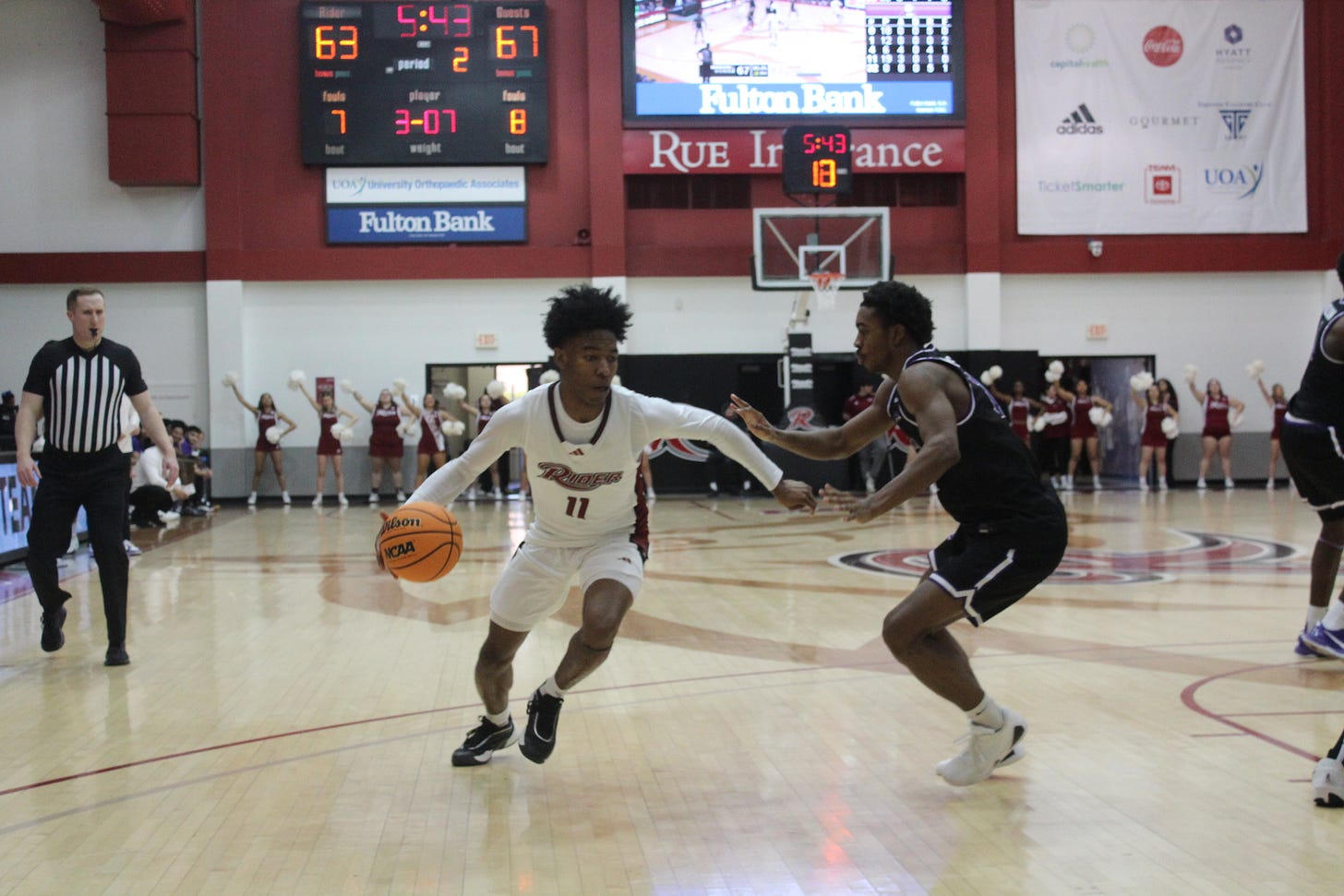 Flash Burton drives with the ball during Rider’s 77-76 win over Niagara on March 8, 2025. (Photo by Adam Zielonka) Flash Burton drives with the ball during Rider’s 77-76 win over Niagara on March 8, 2025. (Photo by Adam Zielonka)