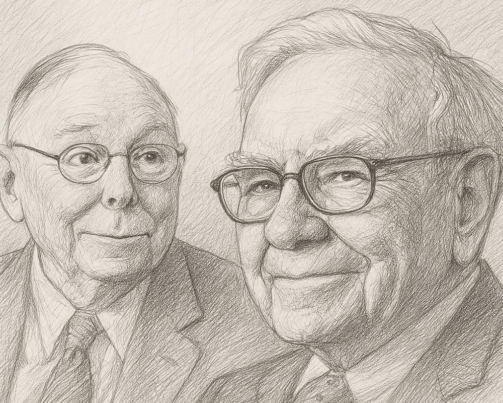 Pencil illustration of Warren Buffett and Charlie Munger, drawn in a detailed, hand-sketched style