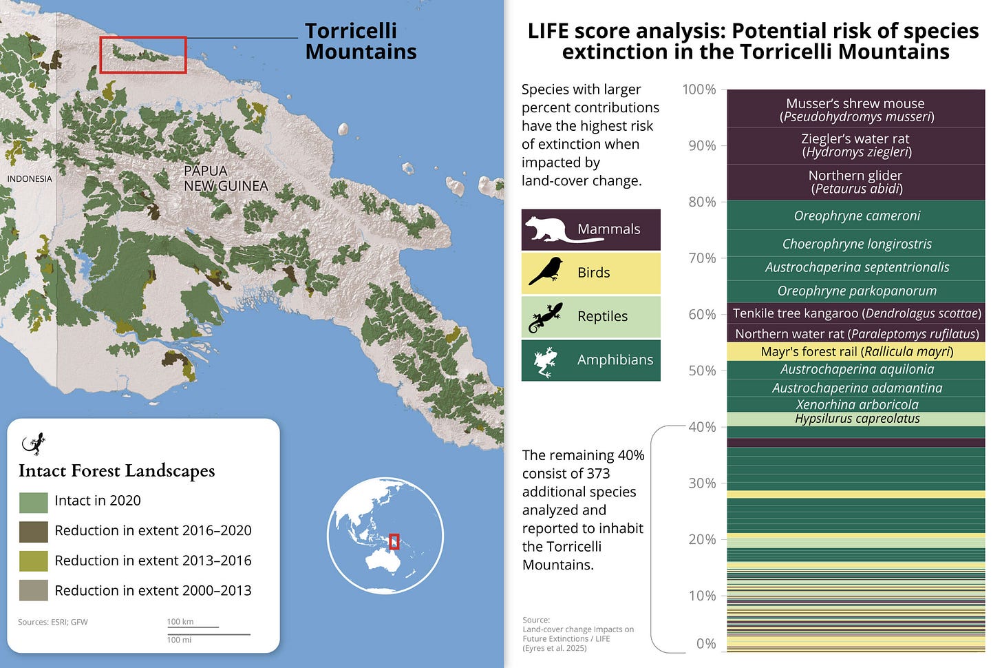 A map (left) showing the Torricelli Mountains in northern Papua New Guinea with intact forest landscapes from Global Forest Watch. The LIFE score analysis (right) reveals which species would be most at risk of extinction A map (left) showing the Torricelli Mountains in northern Papua New Guinea with intact forest landscapes from Global Forest Watch. The LIFE score analysis (right) reveals which species would be most at risk of extinction