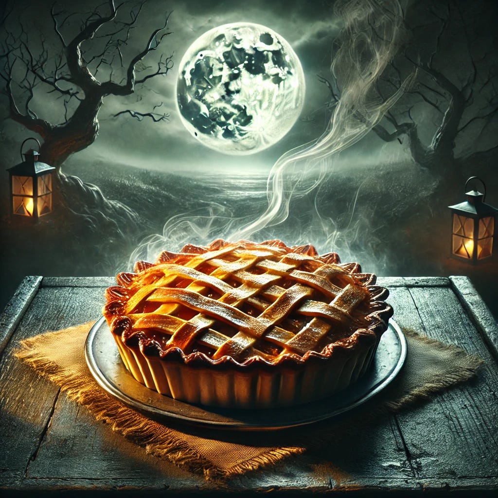 A beautifully detailed apple pie with a golden, flaky crust, sitting on an old wooden table under a dim, eerie moonlight. The pie has steam rising from it, with a lattice top revealing glistening apple filling. The background is a dark, misty night with twisted tree silhouettes and a faint glow of distant lanterns. Shadows create an ominous yet captivating atmosphere, with subtle hints of mystery in the scene. The composition is rich with texture, from the rough wooden surface to the delicate pastry details. High-definition, cinematic lighting, gothic ambiance, surreal realism.