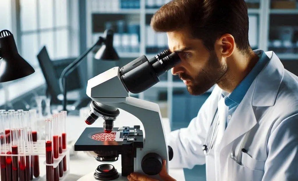 In a state-of-the-art laboratory, a highly skilled pathologist carefully studies cells through a powerful microscope to analyze their structure and detect any abnormalities.