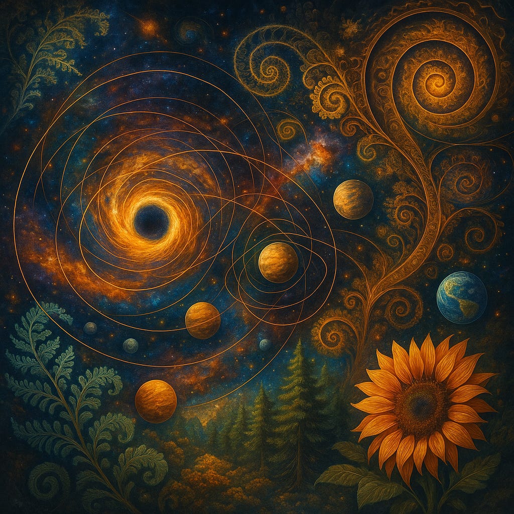 A richly detailed cosmic illustration blending nature and space. Spirals of golden light weave through a starry universe, orbiting planets, fractal leaves, trees, and a sunflower. A black hole glows at the centre, linking cosmic and natural patterns into one interconnected tapestry. A richly detailed cosmic illustration blending nature and space. Spirals of golden light weave through a starry universe, orbiting planets, fractal leaves, trees, and a sunflower. A black hole glows at the centre, linking cosmic and natural patterns into one interconnected tapestry.