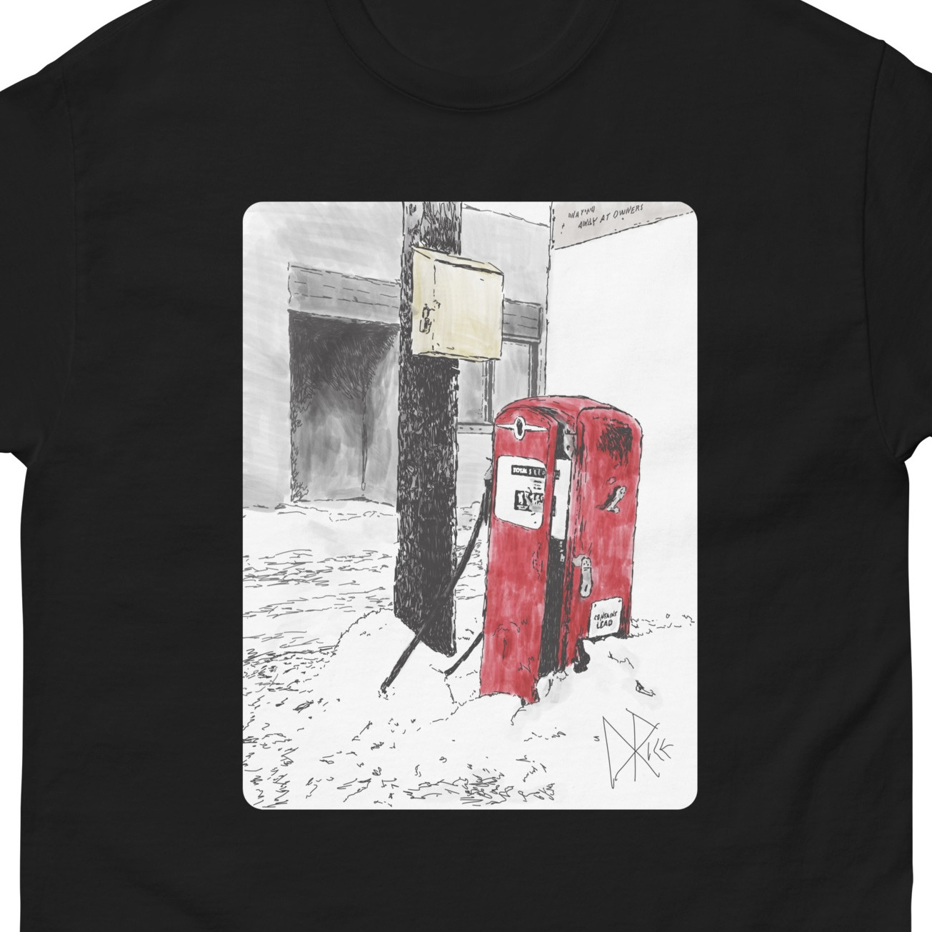 An old gas pump, left as rubbish in a snowy alley. Sketch art by Don Rice. An old gas pump, left as rubbish in a snowy alley. Sketch art by Don Rice.