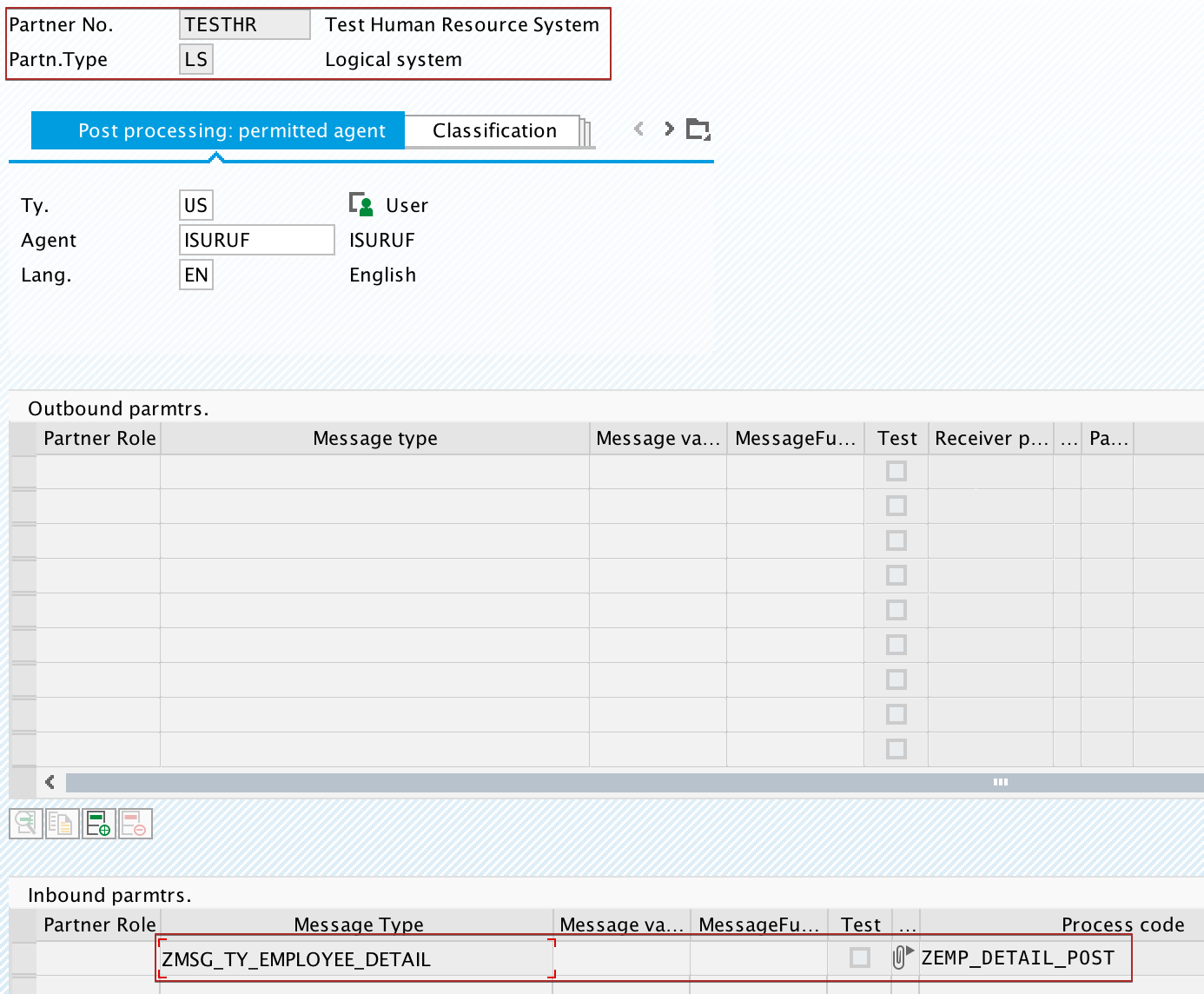 Partner Profile for logical System TESTHR in SAP backend system AFX. Transaction we20