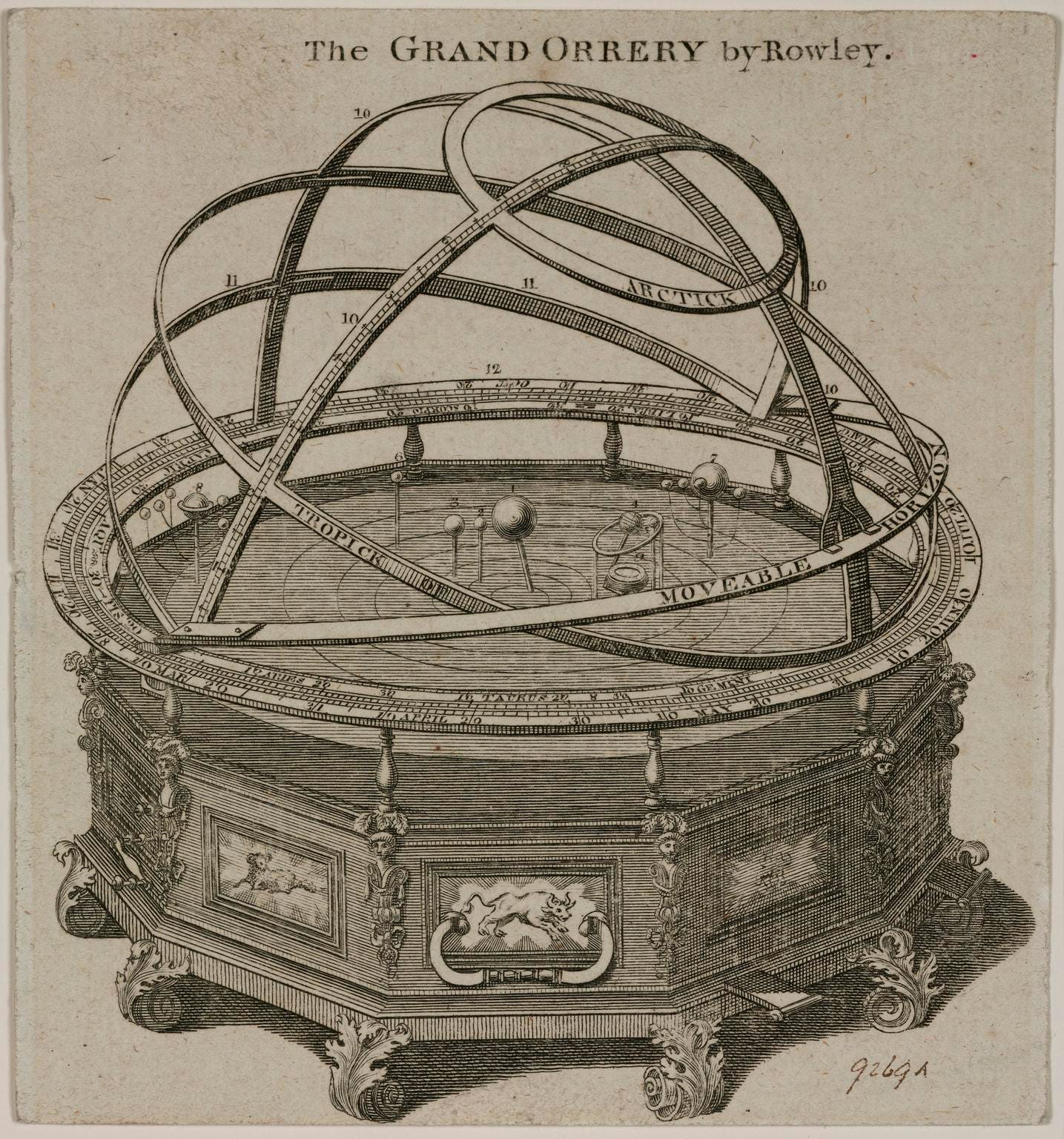 Drawing of Grand Orrery by Thomas Wright and engraving of 'The ...