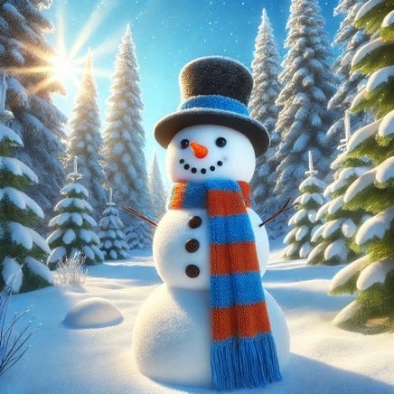 A snowman standing in a serene winter forest after a snowstorm has cleared. The snowman wears a bright blue and orange scarf, a classic top hat, and has coal eyes and a carrot nose. The surrounding forest features tall, snow-covered pine trees under a clear blue sky with sunlight gently illuminating the scene. The snow is pristine, and the atmosphere feels calm and rejuvenating, capturing the beauty of a winter day.