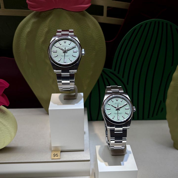 rolex Oyster Perpetual in Pistachio and Lavender.