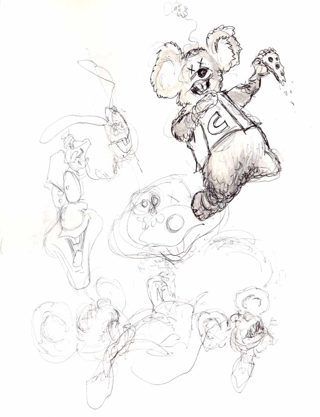 Ink wash planning sketches of a poisoned Chuck E Cheese. Ink wash planning sketches of a poisoned Chuck E Cheese.