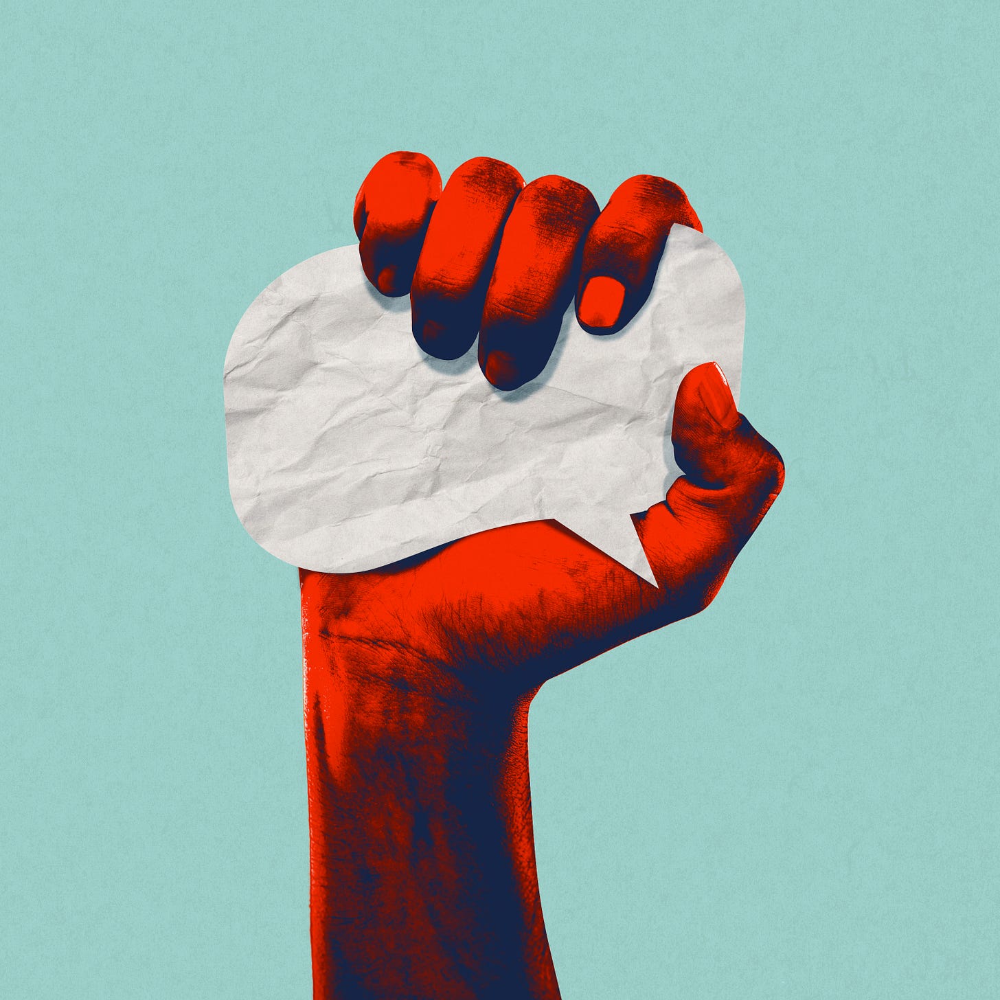 A red fist is holding a cartoon speech bubble.