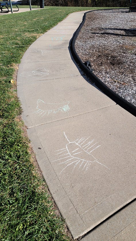photos of kids chalk drawings on a curved sidewalk and a large leopard frog