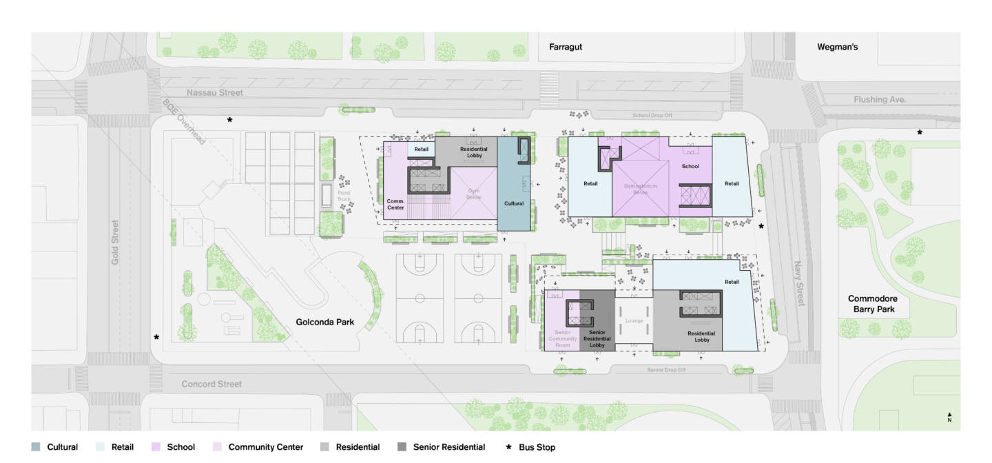 Site plan of 240 Nassau Street showing proposed housing, a school, community and cultural facilities, and retail between Nassau, Navy and Concord streets. Farragut Houses and Wegmans sit across Nassau Street; Commodore Barry Park is across Navy Street, and Golconda Park adjoins the site to the west. Site plan of 240 Nassau Street showing proposed housing, a school, community and cultural facilities, and retail between Nassau, Navy and Concord streets. Farragut Houses and Wegmans sit across Nassau Street; Commodore Barry Park is across Navy Street, and Golconda Park adjoins the site to the west.