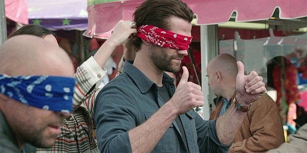 Jared Padalecki being blind folded on Walker set. Jared Padalecki being blind folded on Walker set.