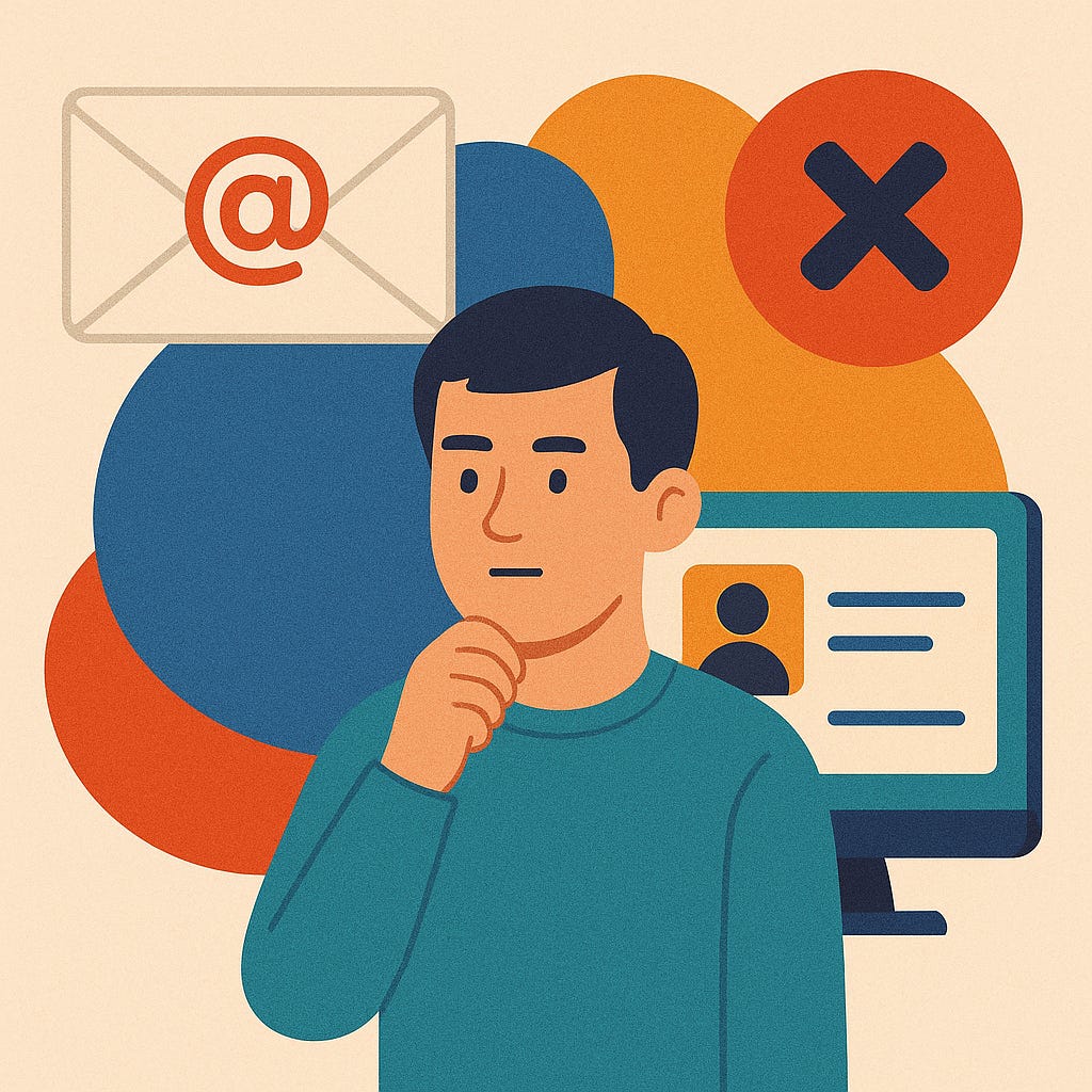 Man thinking before a computer screen with email and X icons, symbolizing communication issues.