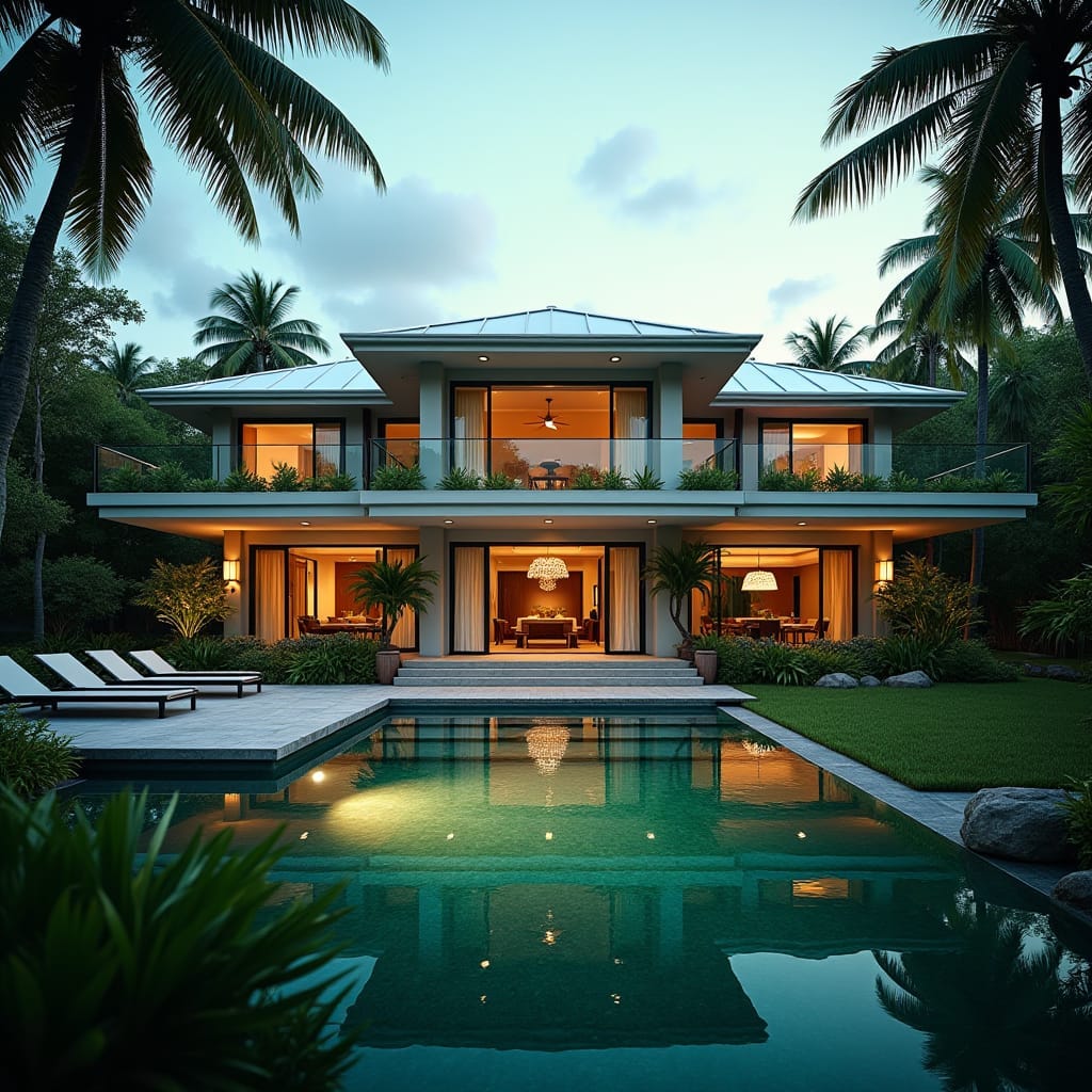 A luxurious modern Jamaican property with a majestic Mansard Roof, set amidst lush tropical surroundings