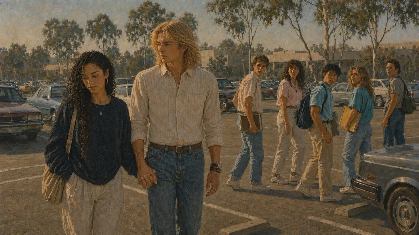 Lucia looks down as she and Matteo walk hand in hand through a college parking lot while a group of classmates turns to stare. Lucia looks down as she and Matteo walk hand in hand through a college parking lot while a group of classmates turns to stare.