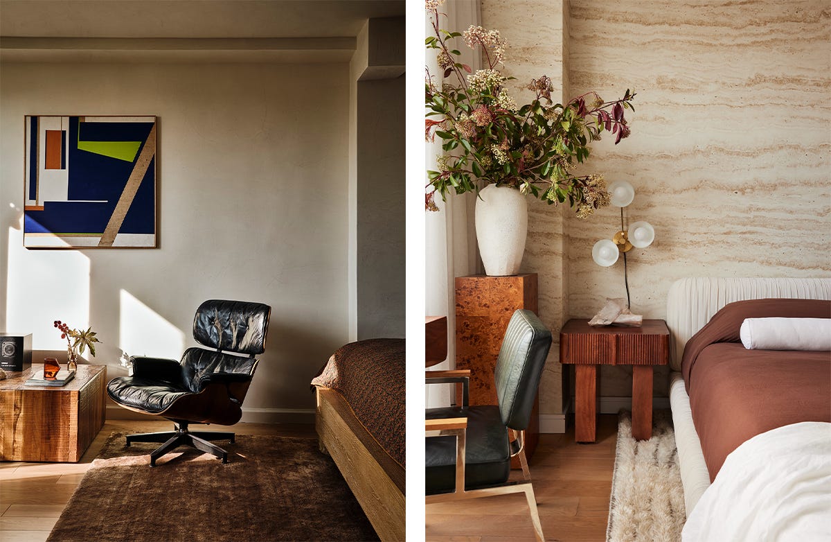 Bedroom with limewash walls; Bedroom with faux stone wallpaper and mixed metal accents