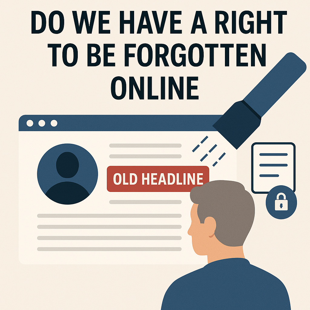 Header image representing outdated online headlines being erased. Symbolizes digital identity, the right to be forgotten, and online forgiveness. Jay Werther article.