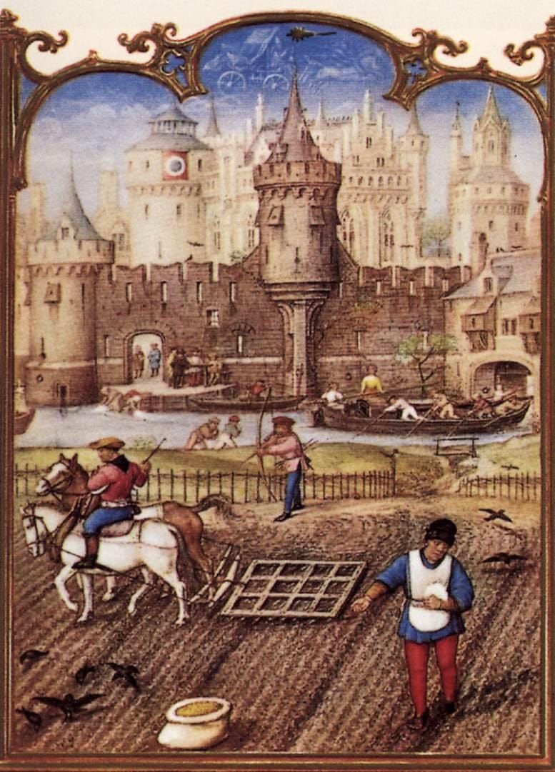 A Flemish illuminated manuscript from the Breviarium Grimani (c. 1510) depicting peasants laboring in the foreground while a fortified castle dominates the background — the architecture of extraction made visible, with those who produce occupying the bottom of the frame and those who govern rising above them. A Flemish illuminated manuscript from the Breviarium Grimani (c. 1510) depicting peasants laboring in the foreground while a fortified castle dominates the background — the architecture of extraction made visible, with those who produce occupying the bottom of the frame and those who govern rising above them.