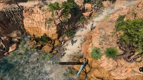 A set of screenshots of the game Baldur's Gate 3, featuring environments and dialogue.