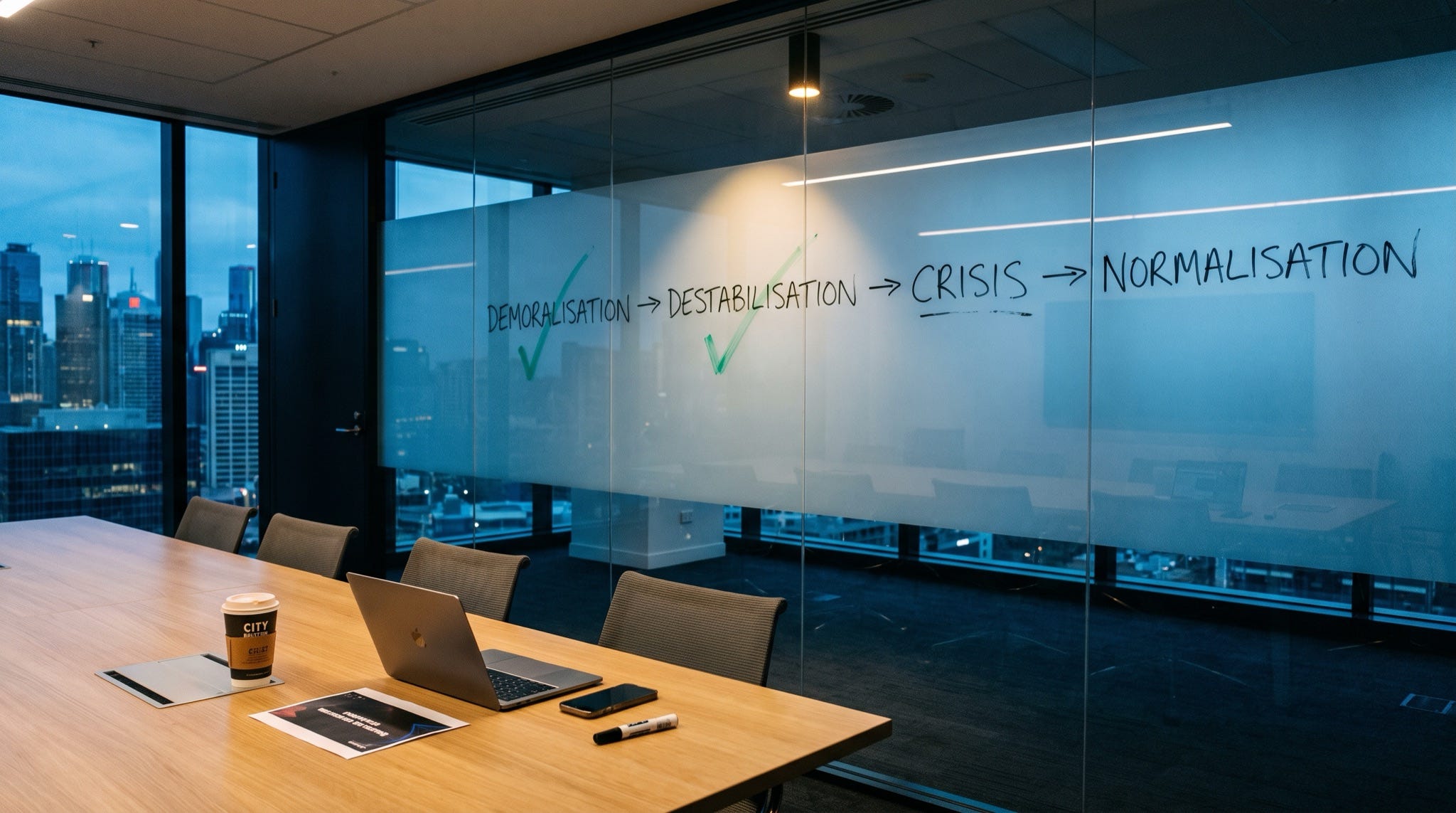 An empty corporate meeting room at dusk, a four-stage sequence written across the glass wall in marker, the first two stages ticked