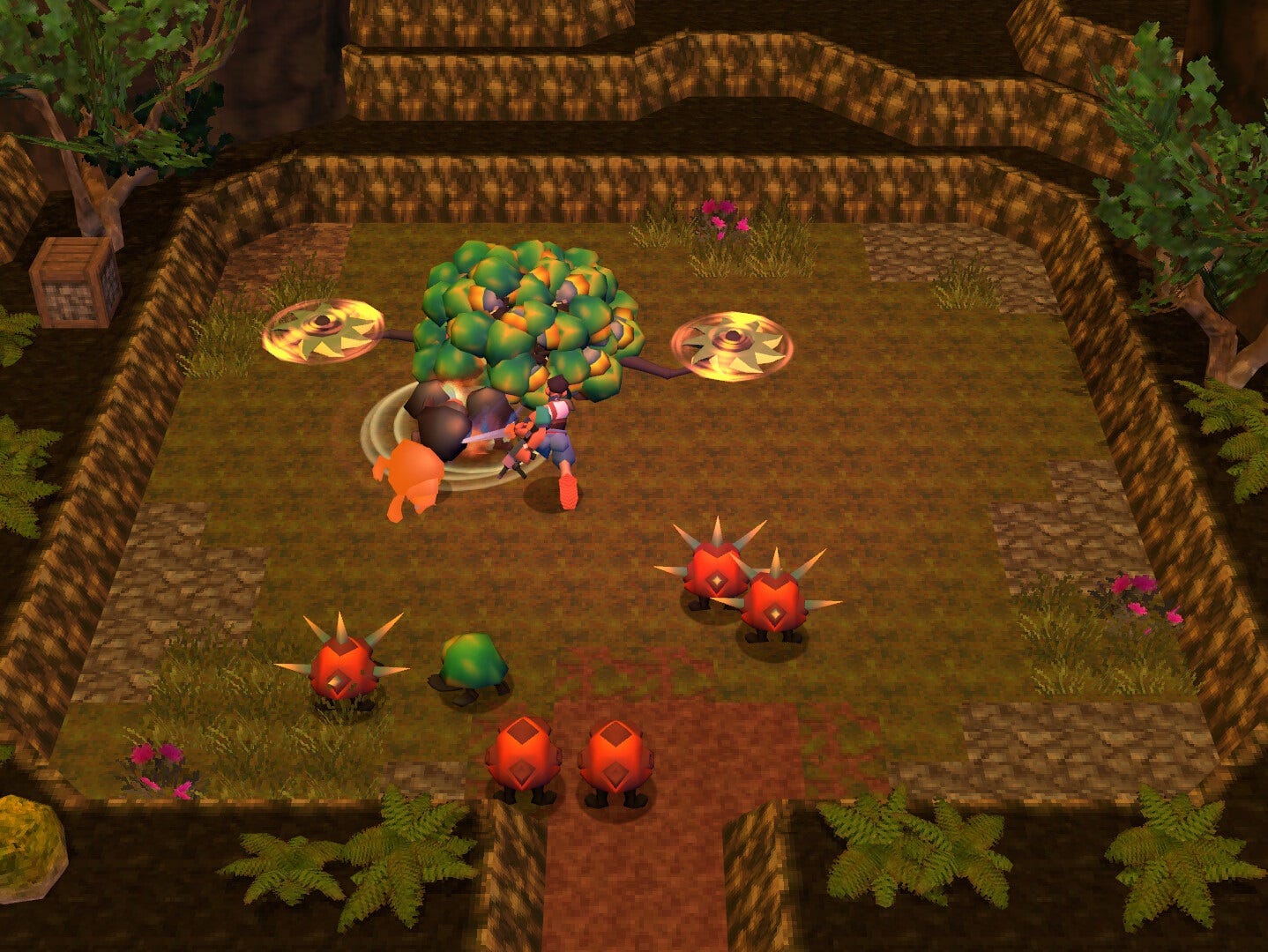 Low poly top down 3D action game featuring a lot of beetle creatures in a forest