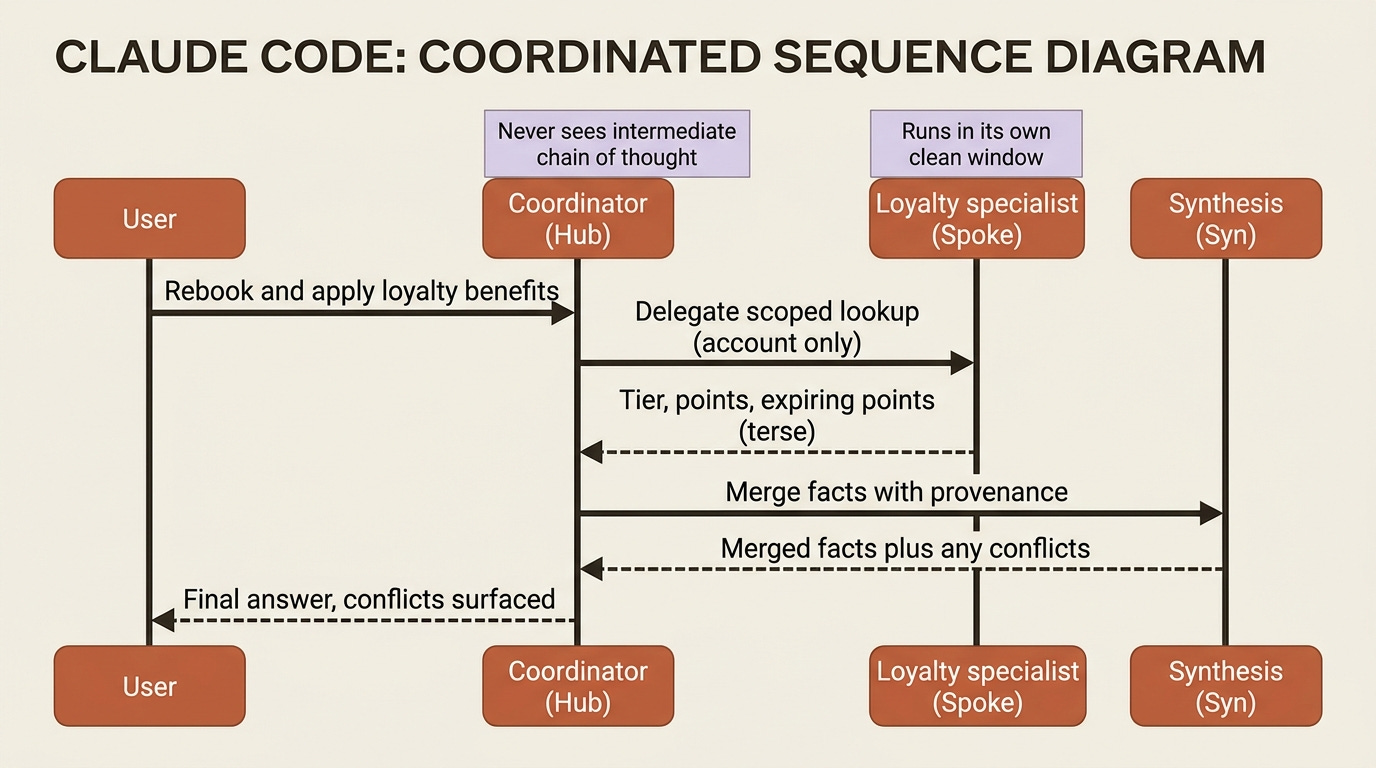 A sequence diagram of one delegation cycle: the user asks the coordinator to rebook and apply benefits; the coordinator delegates a scoped account-only lookup to the loyalty specialist, which runs in its own clean window and returns only tier, points, and expiring points; synthesis merges the facts with provenance before the coordinator answers.