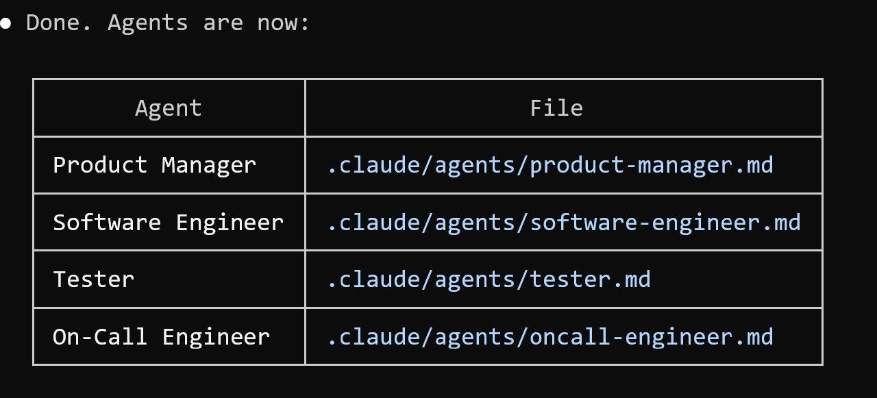 Agent roles table showing Product Manager, Software Engineer, Tester, and On-Call Engineer