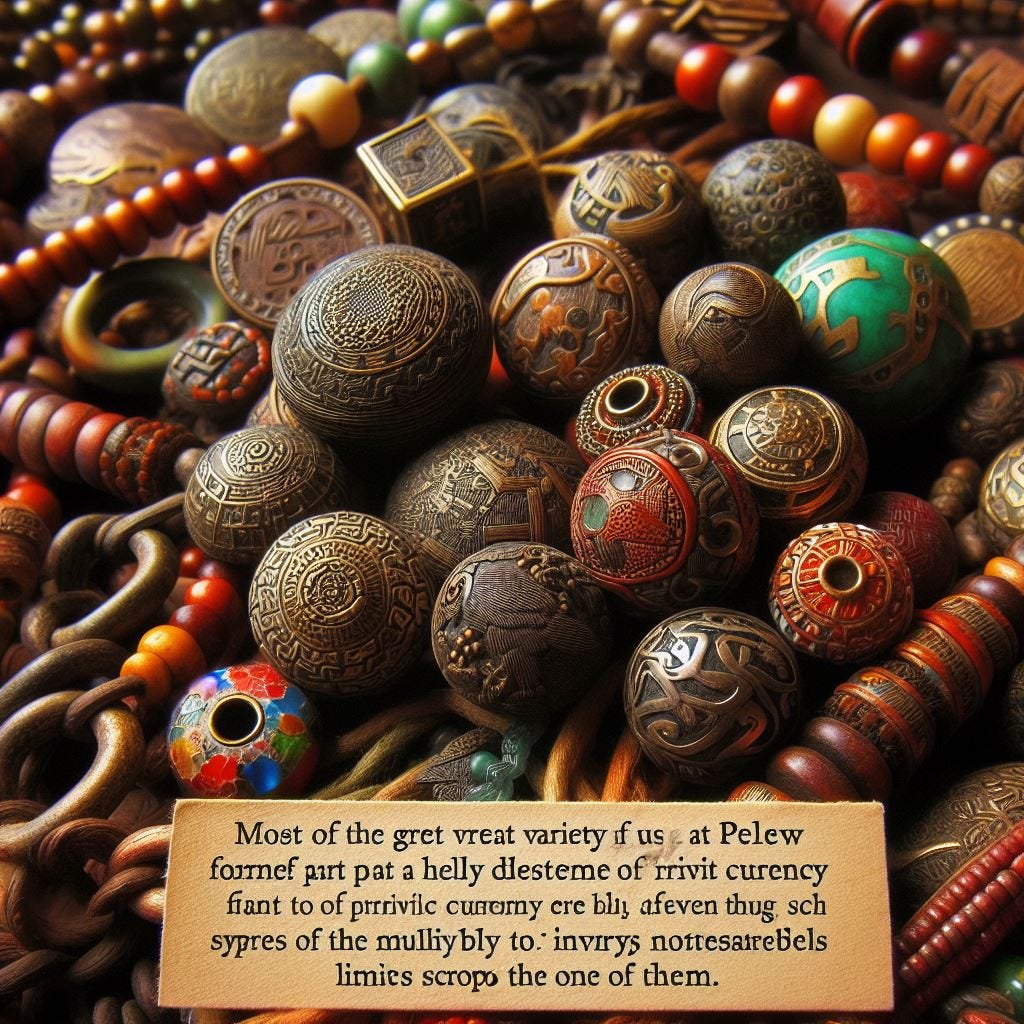Most of the great variety of beads used at Pelew form part of a highly developed system of primitive currency, even though the multiplicity of the units necessarily limits the scope of any one of them.