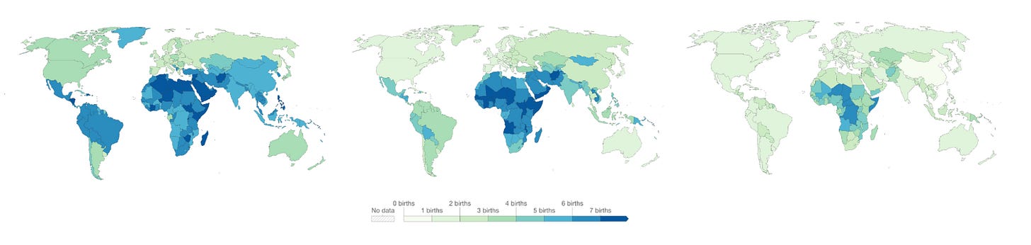 Three world maps displayed side by side showing global birth rates by country over time, with a color scale ranging from light green (0–1 births per woman) to dark blue (6–7 births per woman). The maps show a clear trend toward lighter colors over time, indicating declining birth rates worldwide. Three world maps displayed side by side showing global birth rates by country over time, with a color scale ranging from light green (0–1 births per woman) to dark blue (6–7 births per woman). The maps show a clear trend toward lighter colors over time, indicating declining birth rates worldwide.