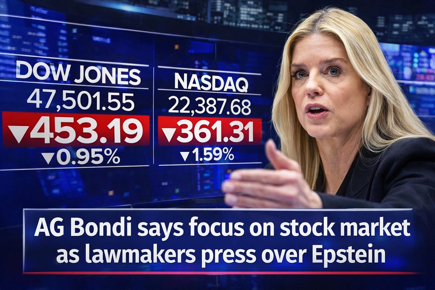 May be an image of text that says 'DOW JONES 47,5 47,501.55 453.19 0.95% NASDAQ 22,387.68 361.31 1.59% AG Bondi says focus on stock market as lawmakers press over Epstein'A CNBC screenshot showing the Dow Jones down 453 points and Nasdaq down 361 points with the chyron "AG Bondi says focus on stock market as lawmakers press over Epstein."