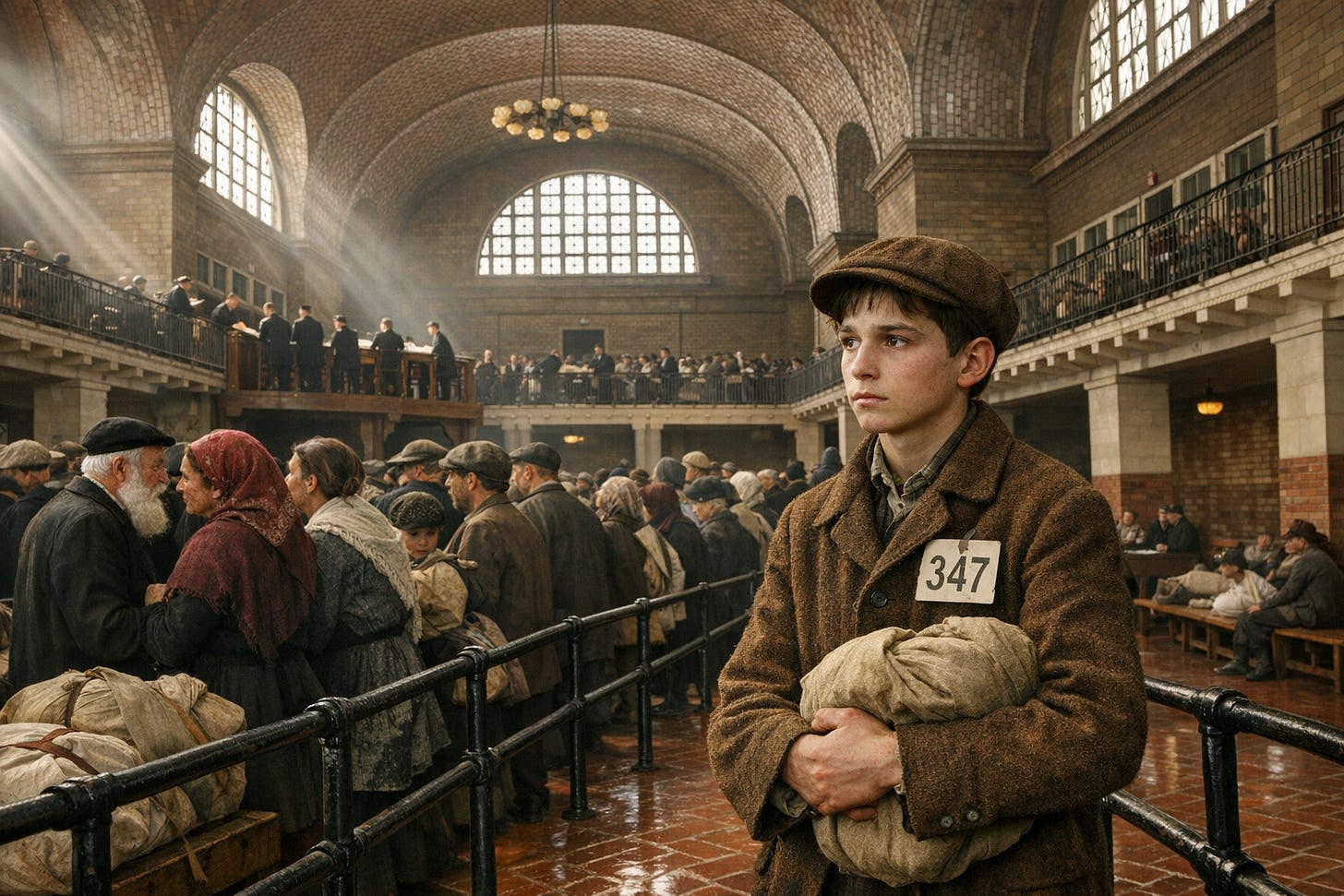 Image Prompt: Hyperrealistic color photograph in 16x9 landscape format, expansive observer perspective across vast Registry Room interior, soaring vaulted ceiling fiftysix feet overhead with terracotta red Guastavino tiles in herringbone pattern, massive arched windows with creamcolored limestone frames allowing bright natural light streaming in creating dramatic light shafts through dust, black iron pipe railings creating serpentine queue lines across floor, 16yearold Polish boy standing in line centerright of frame, brown wool jacket with white paper tag numbered 347 pinned to chest, brown cloth cap, short dark hair, pale gaunt face with anxious expression and brown eyes looking toward inspectors’ platform, clutching beige cloth bundle, surrounded by hundreds of immigrants in dense queues Jewish family with children in worn clothing, Italian woman in black dress nursing infant, elderly man with white beard in dark coat, women in headscarves in burgundy, navy, and brown, men in gray and brown caps, families with bundles and bags, wooden benches along red brick walls with exhausted people sitting and lying down, raised platform in background with inspectors at tall wooden desks in black suits with white wing collars examining papers, more immigrants approaching desks, authentic architectural details of iron railings and tile work, natural color palette of reds, creams, blacks, browns, grays, blues, sense of massive scale and bureaucratic processing, photorealistic textures of terracotta tile, iron pipes, worn wood, fabric in various states of wear.png Image Prompt: Hyperrealistic color photograph in 16x9 landscape format, expansive observer perspective across vast Registry Room interior, soaring vaulted ceiling fiftysix feet overhead with terracotta red Guastavino tiles in herringbone pattern, massive arched windows with creamcolored limestone frames allowing bright natural light streaming in creating dramatic light shafts through dust, black iron pipe railings creating serpentine queue lines across floor, 16yearold Polish boy standing in line centerright of frame, brown wool jacket with white paper tag numbered 347 pinned to chest, brown cloth cap, short dark hair, pale gaunt face with anxious expression and brown eyes looking toward inspectors’ platform, clutching beige cloth bundle, surrounded by hundreds of immigrants in dense queues Jewish family with children in worn clothing, Italian woman in black dress nursing infant, elderly man with white beard in dark coat, women in headscarves in burgundy, navy, and brown, men in gray and brown caps, families with bundles and bags, wooden benches along red brick walls with exhausted people sitting and lying down, raised platform in background with inspectors at tall wooden desks in black suits with white wing collars examining papers, more immigrants approaching desks, authentic architectural details of iron railings and tile work, natural color palette of reds, creams, blacks, browns, grays, blues, sense of massive scale and bureaucratic processing, photorealistic textures of terracotta tile, iron pipes, worn wood, fabric in various states of wear.png