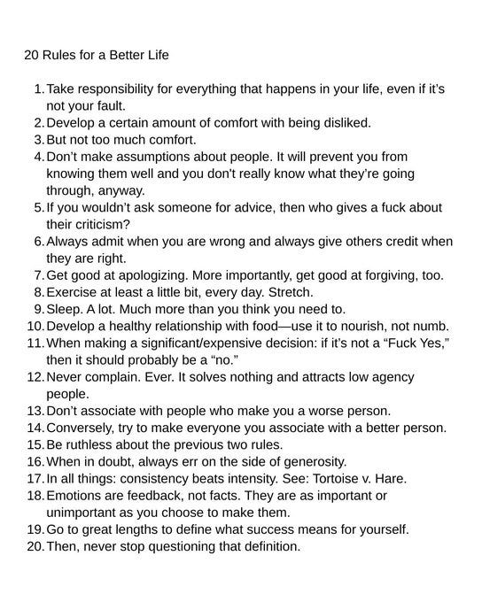 A white background with black text listing 20 rules for a better life. The rules are numbered from 1 to 20, covering topics like taking responsibility, exercising, and fostering relationships.