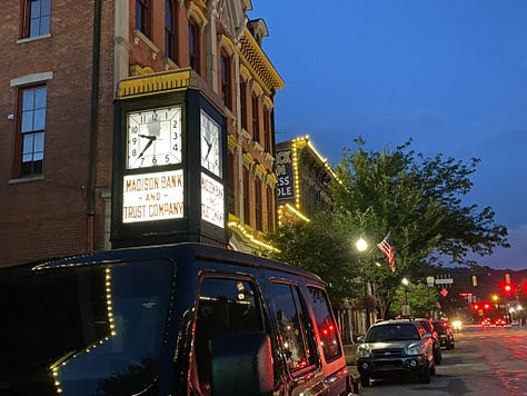 three pictures of Victorian buildings at twilight