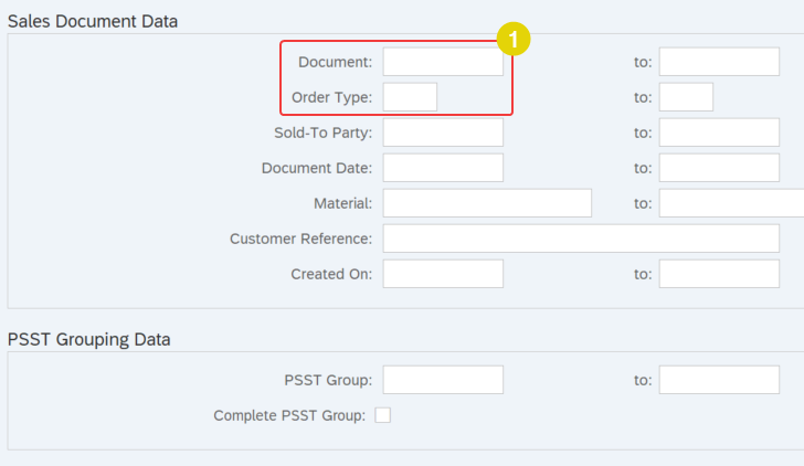 selection screen parameters of report program SD_SALES_DOCUMENT_VIEW that we will use for custom function