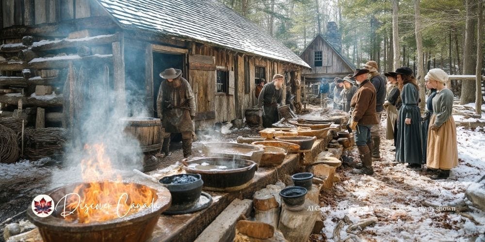 Early settlers boiling maple sap in iron kettles over fire. Early settlers boiling maple sap in iron kettles over fire.