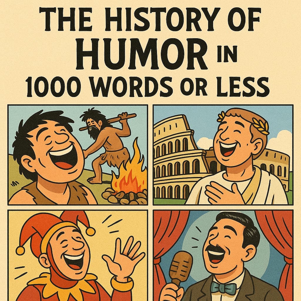 cartoon style image depicting the history of humor in 1000 words or less