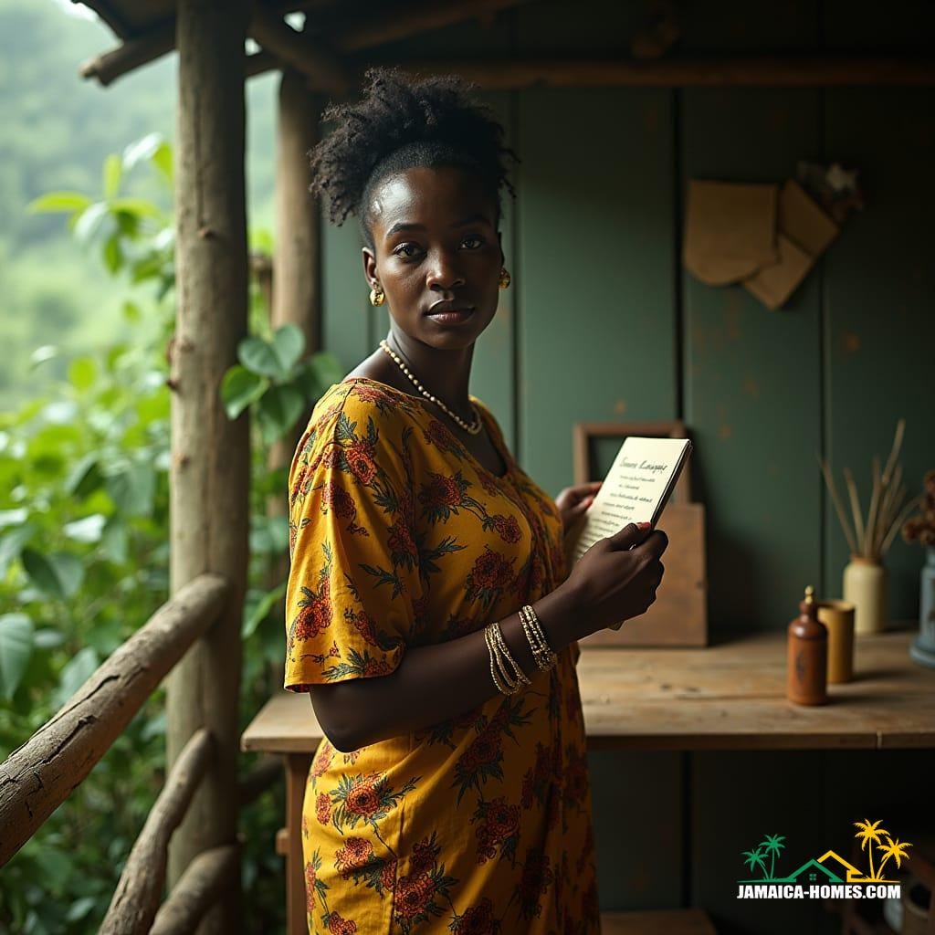 A Jamaican applicant, dressed in traditional attire, standing confidently in front of a rustic wooden desk, surrounded by lush greenery, with a subtle misty atmosphere, as if shot on location in the Jamaican countryside. The applicant's facial expression exudes determination and hope, with a hint of nervousness, as they grasp a folder containing their change of use application. The scene is bathed in warm, golden light, with deep shadows, accentuating the textures of the wooden desk and the applicant's clothing.
