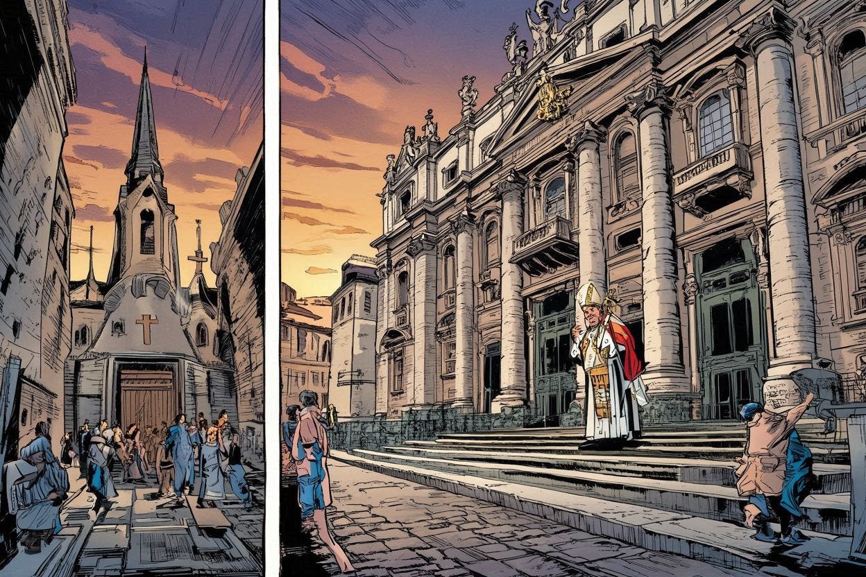 the papacy on the right and a protestant church on the left, comic book art the papacy on the right and a protestant church on the left, comic book art