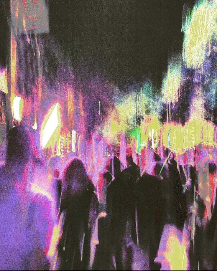 This may contain: an abstract painting of people walking down the street at night with neon lights in the background