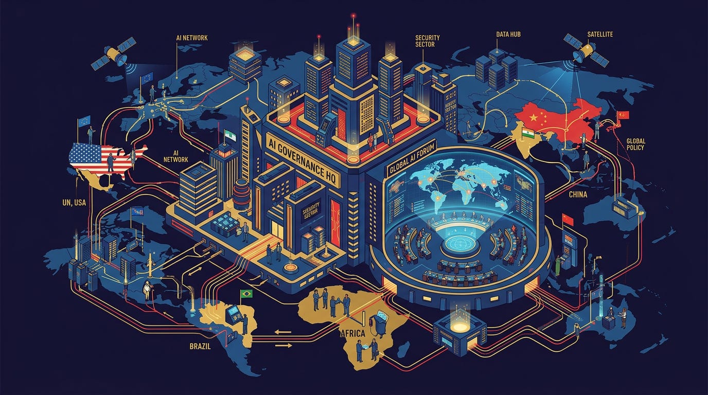 Flat isometric illustration of a giant international AI governance headquarters surrounded by interconnected nations, oversized futuristic conference hall displaying a glowing world map while tiny world leaders and delegates connect countries through digital governance pathways, AI infrastructure spanning multiple continents, red, gold and deep blue colour palette, clean vector art style, dark background, modern tech editorial aesthetic. Flat isometric illustration of a giant international AI governance headquarters surrounded by interconnected nations, oversized futuristic conference hall displaying a glowing world map while tiny world leaders and delegates connect countries through digital governance pathways, AI infrastructure spanning multiple continents, red, gold and deep blue colour palette, clean vector art style, dark background, modern tech editorial aesthetic.