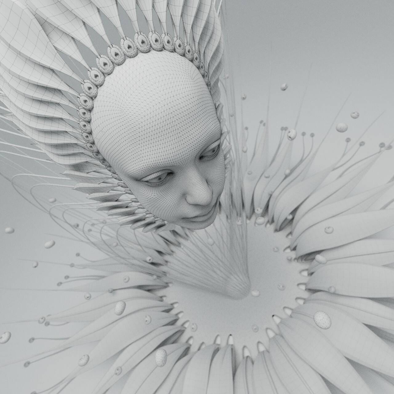 Grey wireframe 3D model render of human face coming out flower like shape. Grey wireframe 3D model render of human face coming out flower like shape.