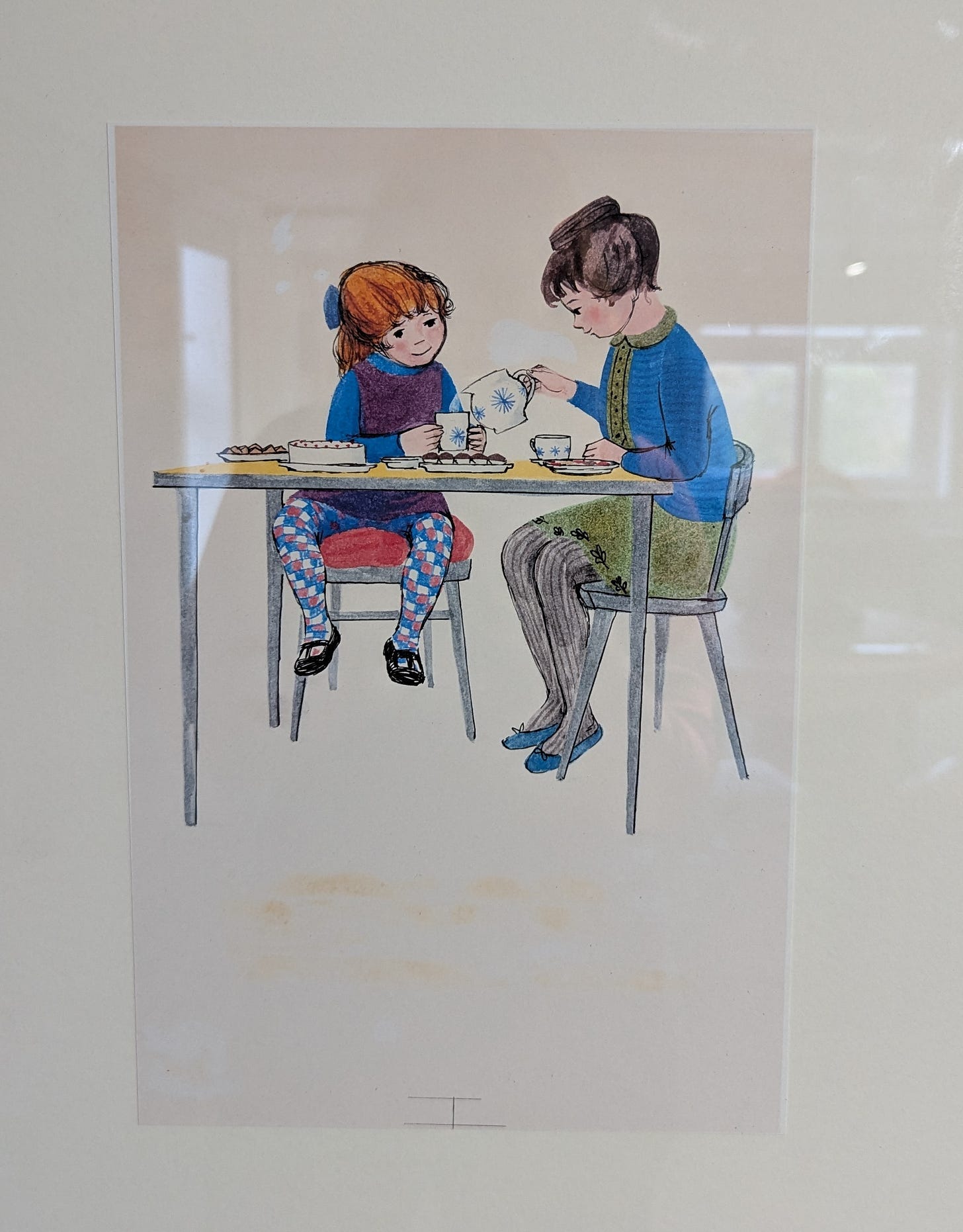 Image 1 shows an illustration from Judith Kerr's The Tiger Who Came to Tea. A little Girl with red hair and a blue top and purple pinafore sits at a table, being poured tea by her mother, who has brown hair in a bun, a blue top and green skirt. 
