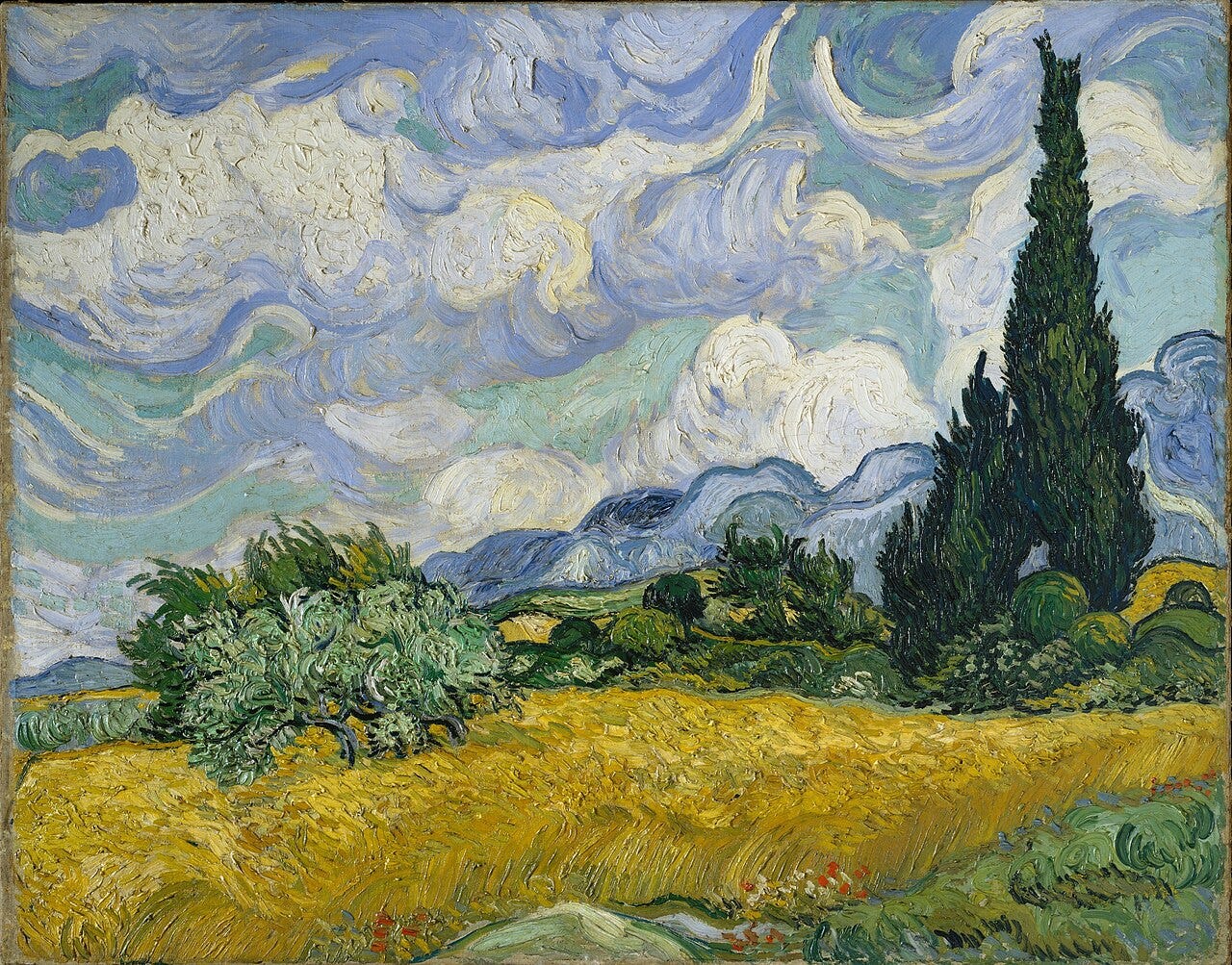 Van Gogh's Wheatfield with Cypresses, the same tall cypress tree visible near the asylum Van Gogh's Wheatfield with Cypresses, the same tall cypress tree visible near the asylum