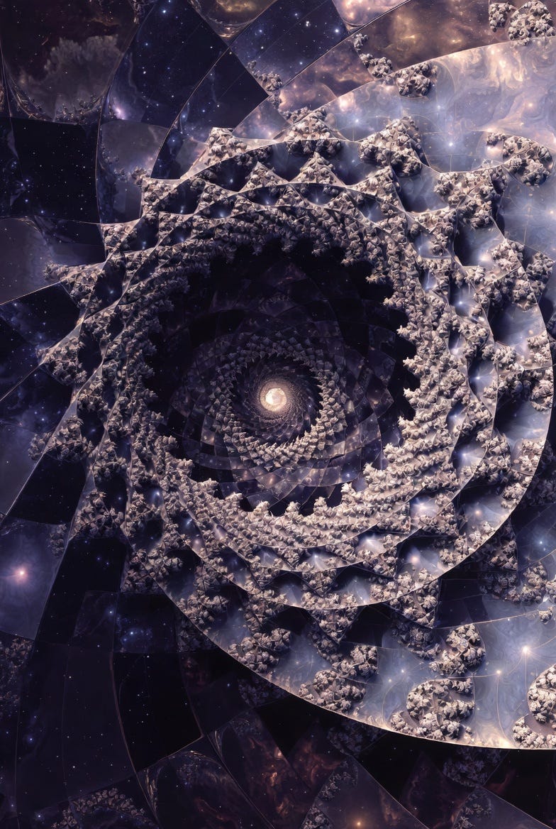 A metaphysical abstract fractal mandala with recursive symmetry, set in a dark cosmic background. A metaphysical abstract fractal mandala with recursive symmetry, set in a dark cosmic background.