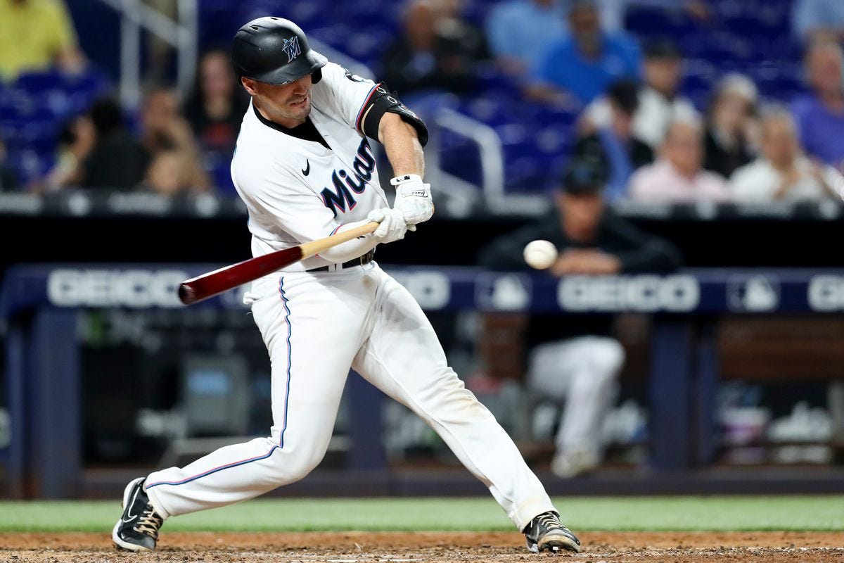 Nick Fortes #54 of the Miami Marlins at bat against the Chicago Cubs at loanDepot park on September 21, 2022 in Miami, Florida.