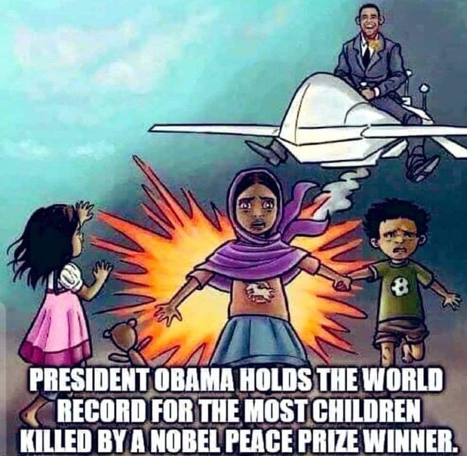 Barack Obama in a suit smiling while seated on a white drone aircraft flying above a chaotic scene with an explosion producing orange flames and smoke in the background. A woman wearing a purple headscarf and dress stands with arms raised in distress near two children, a girl in a pink dress holding a teddy bear and a boy in a green shirt, both looking upset. Barack Obama in a suit smiling while seated on a white drone aircraft flying above a chaotic scene with an explosion producing orange flames and smoke in the background. A woman wearing a purple headscarf and dress stands with arms raised in distress near two children, a girl in a pink dress holding a teddy bear and a boy in a green shirt, both looking upset.