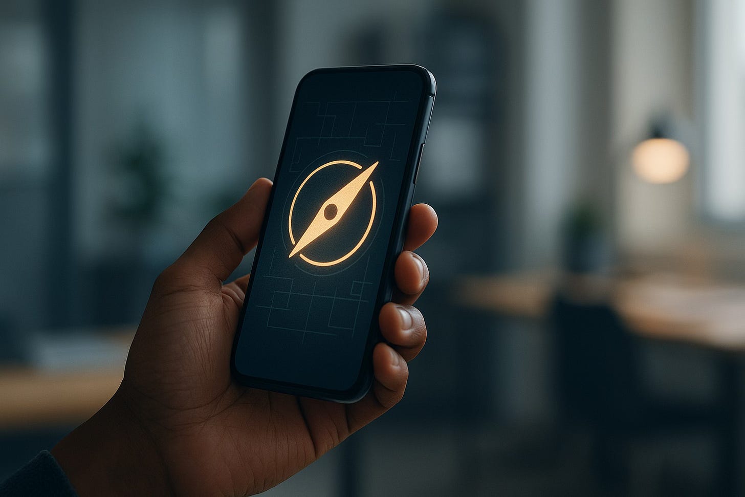 A close-up of a hand holding a smartphone with a glowing golden compass icon on the screen, set against a softly blurred office background, symbolizing strategic direction and on-demand insight. A close-up of a hand holding a smartphone with a glowing golden compass icon on the screen, set against a softly blurred office background, symbolizing strategic direction and on-demand insight.