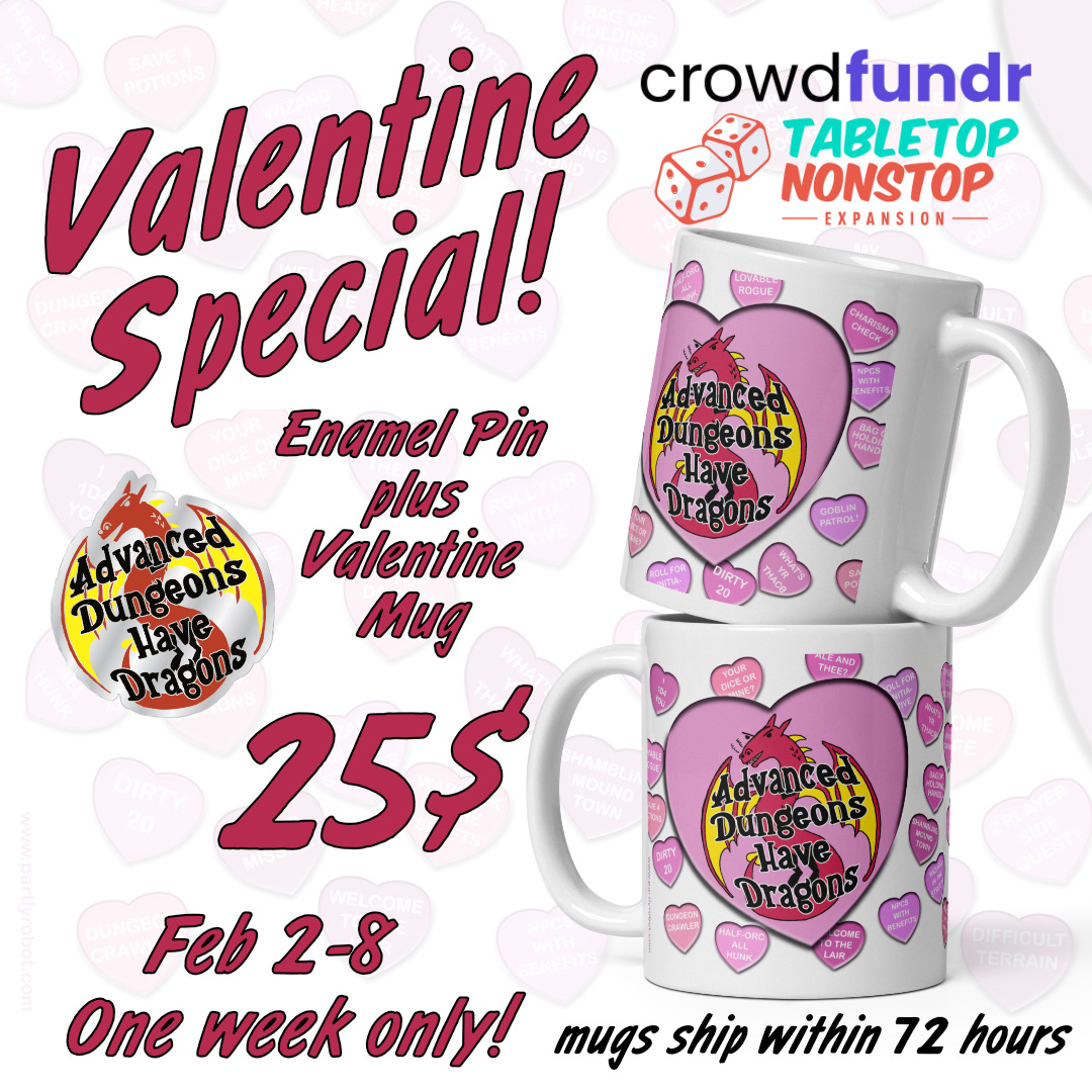 Image of the mockups of the Valentine ADHDragons mug and the pin showing there is a special reward package of the both for $25.